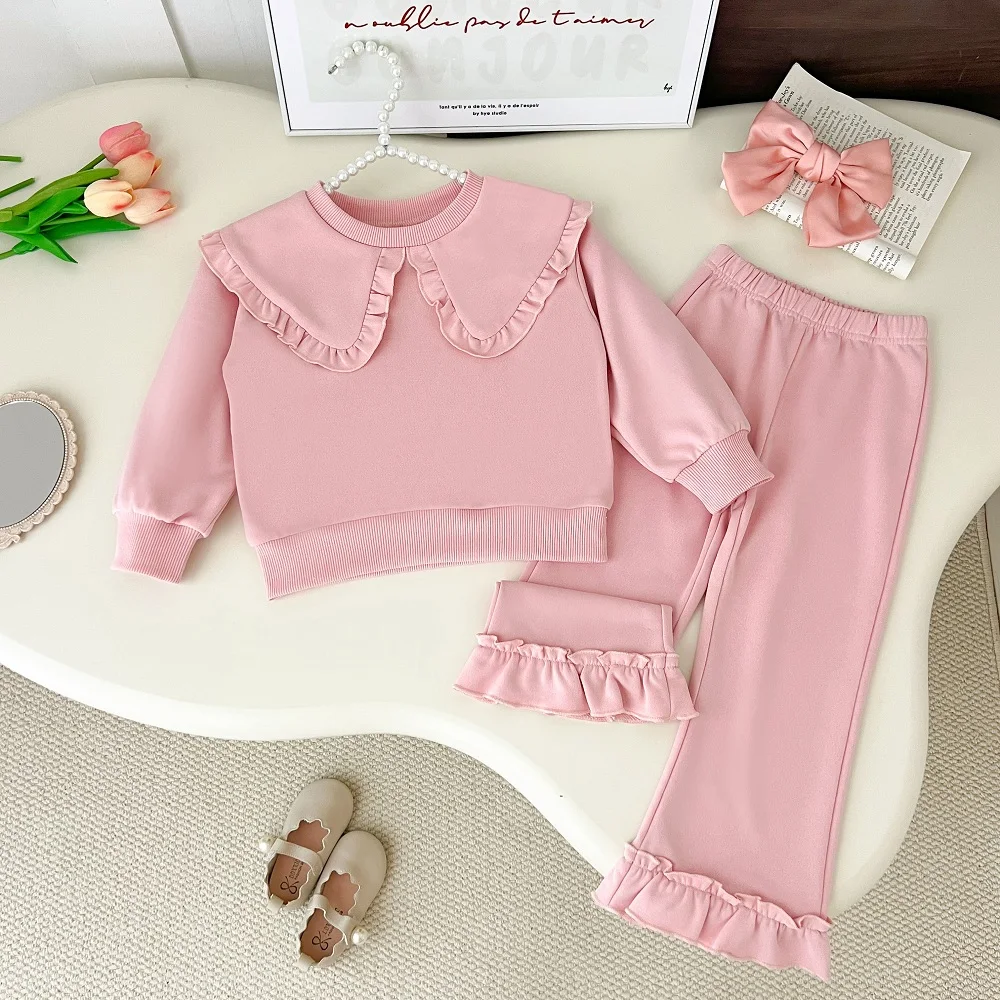 Herbst-Kinderkleidung 2-Teiliges Set Mädchen-Oberteil mit Kragen Spitzen-Weitbein-Hose Lässiges Boutique-Set – Detail 2