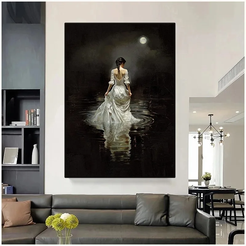 Woman in White Dress Poster Moody Victorian Gothic Lake Rippling Female Silhouette Canvas Painting Wall Art for Room Home Decor