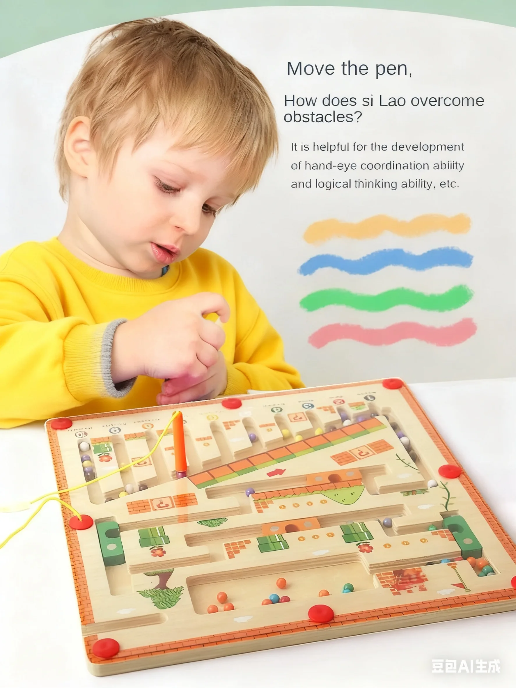 Kids Wooden Mushroom House Magnetic Pen Maze Toy | Number Color Bead Matching | Focus Educational Toy