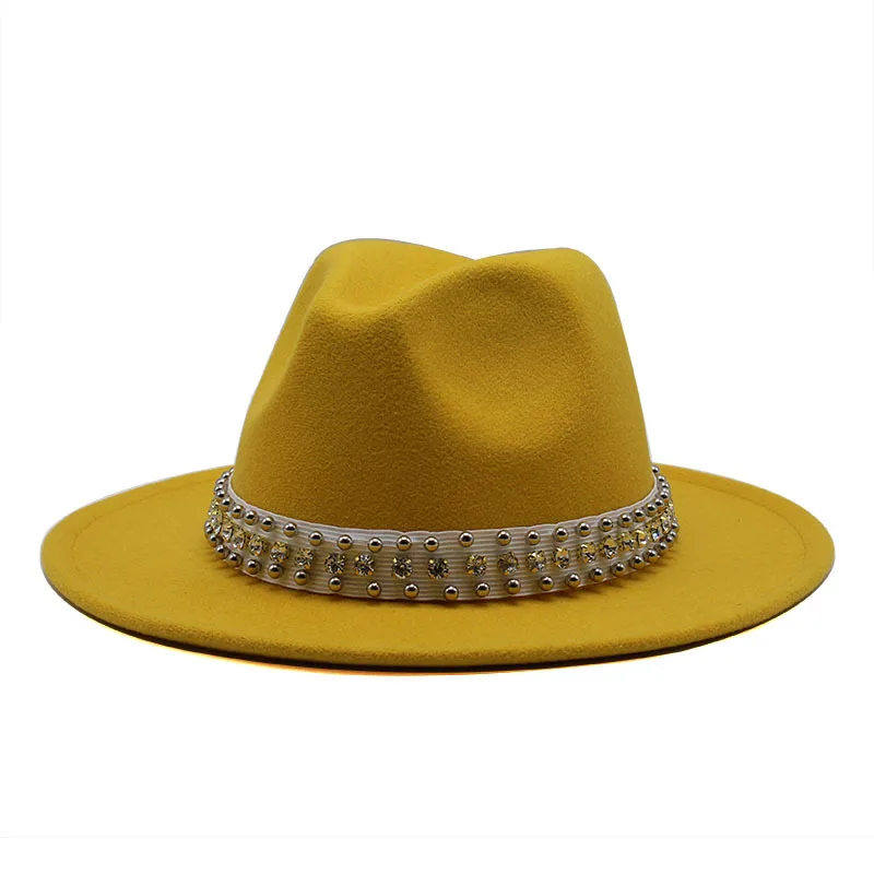 AliExpress-Chapéu Fedora cavalheiro feminino, chapéu de lã pérola europeu e americano, aba plana, chapéu de abas grandes, atacado