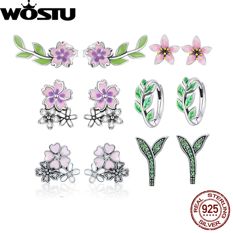 WOSTU 925 Sterling Silver Hoop Earrings Spring Flower Leaf Swallow Studs For Women Shining Zircon Earring Girl Party Jewelry New