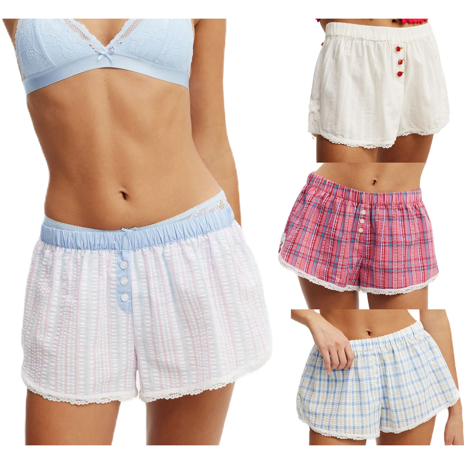 2025 Pantaloncini larghi estivi delle nuove donne Casual Lace Trim Plaid/Stripe Pantaloni corti elastici per le vacanze Beach Club Streetwear