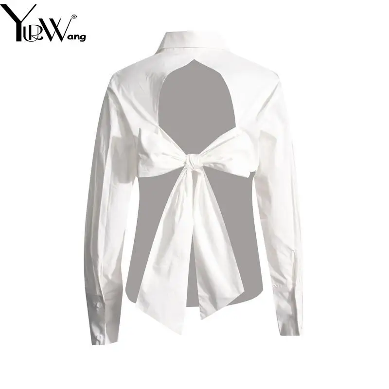 GetSpring Women Shirt 2025 Spring New Fashion Elegant Hollow Out Bow Bandage Backless Sexy White Blouse Loose Casual Female Tops