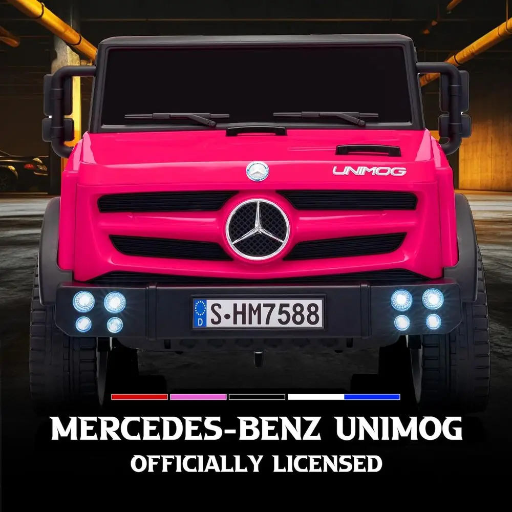 Carro de passeio de 12V com controle remoto para pais, carro Mercedes-Benz UNIMOG licenciado para crianças, luzes LED, música e buzina, partida suave, Lo