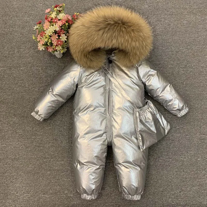 Winter Ski Suit Baby Jumpsuit Boy Overalls Warm Down Jacket Coat Kids Girl Clothing Luxury Real Raccoon Fur Rompers with Bag