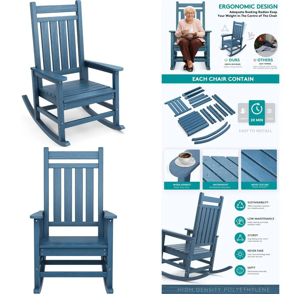 Übergroßer Schaukelstuhl, Outdoor-Schaukelstuhl für Erwachsene, Wetterfester Veranda-Schaukelstuhl oder Gartenstuhl, Blau