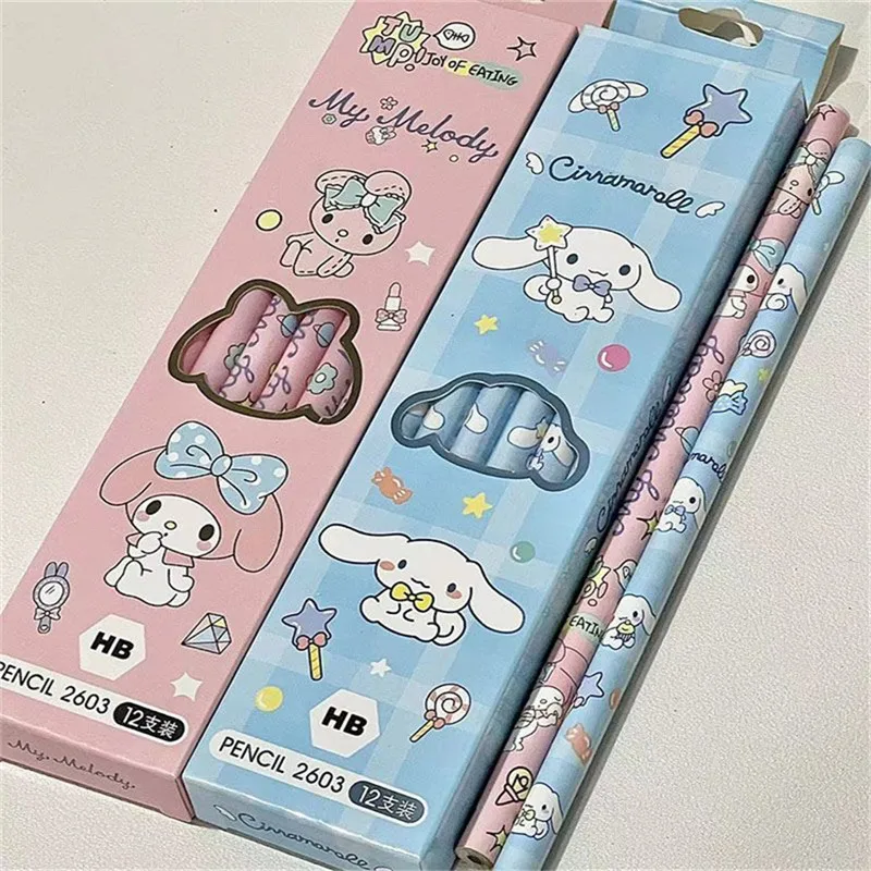 12 sztuk/pudło ołówkowych Sanrio Kawaii Cinnamoroll moja melodia Kuromi HB czarne ołówki do pisania podstawowe dla uczniów uczących się sprzętu