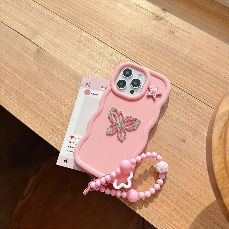 بلينغ فراشة حبل سلسلة قضية الهاتف آيفون 16 15 14 زائد 13 12 11 برو ماكس X XR XS ماكس 6S 6 7 8 زائد SE2 SE3 SE 2020 غطاء