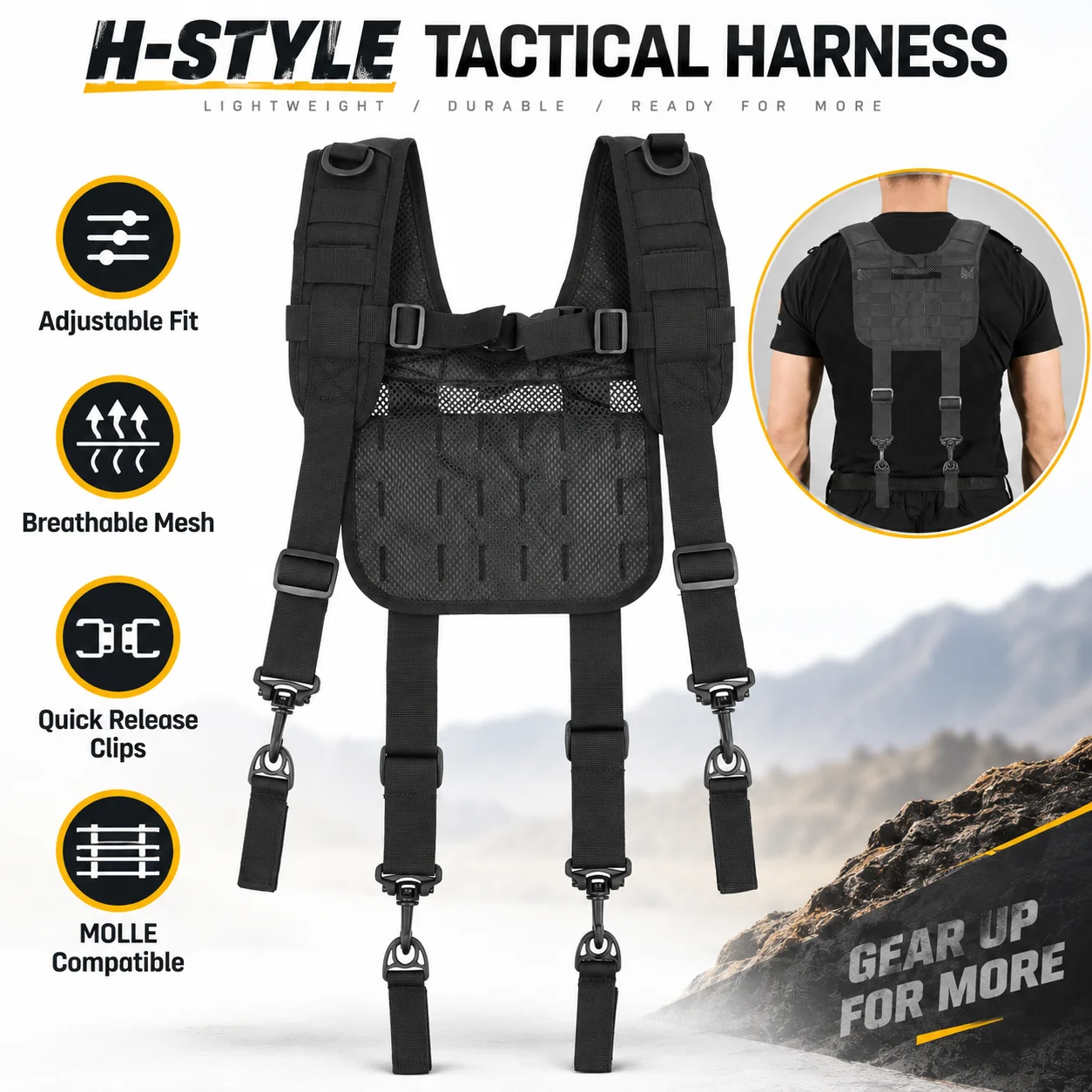 Tactical H Harness Suspenders for Men MOLLE Tool Belt Shoulder Straps Adjustable Duty Belt Support for Outdoor Work Training