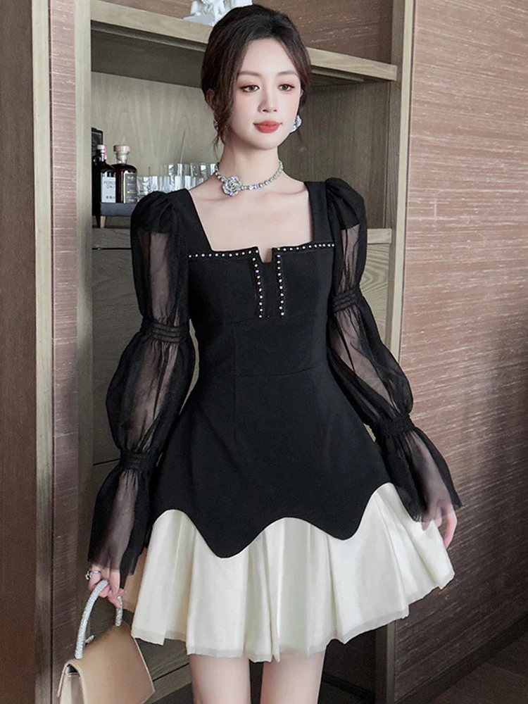 French Retro Prom Dresses for Women Exquisite Cute Sheer Mesh Long Sleeve Short Ball Gown Female Party Vestidos Banquet Clothing