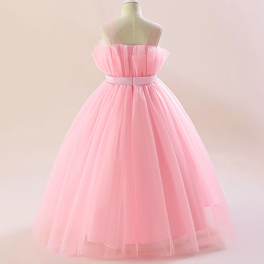 Summer Tulle Pink Party Dresses for Girl Elegant Bow Bridemaids Princess Wedding Girls Dress First Communion Wedding Prom Gown