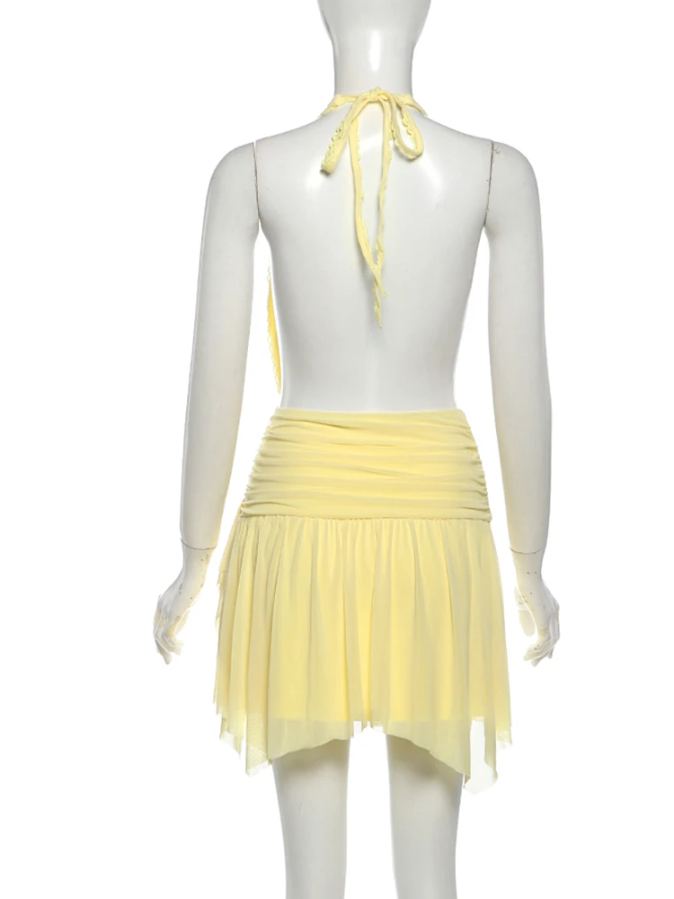 Sisterlinda Neckholder-Spitzenkleid für Damen, Bandage, tiefer V-Ausschnitt, rückenfrei, ärmellos, Falten, unregelmäßiger Saum, modisch, Streetwear, Sommer, figurbetont – Detail 6