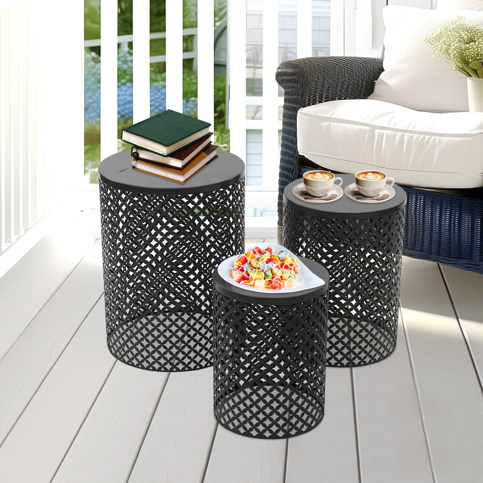 3Pcs Modern Metal Outdoor Side Table Cylindrical Frame Accent Table Outdoor End Table for Garden Balcony Patio