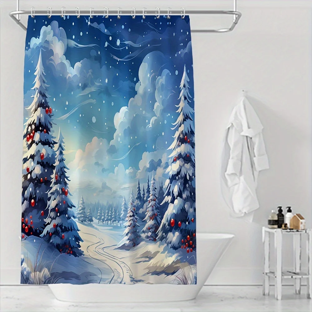 Christmas Shower Curtain Waterproof Snowy Pine Forest Winter Landscape Bathroom Decor Xmas Tree Snowflake Bath Screen With Hooks