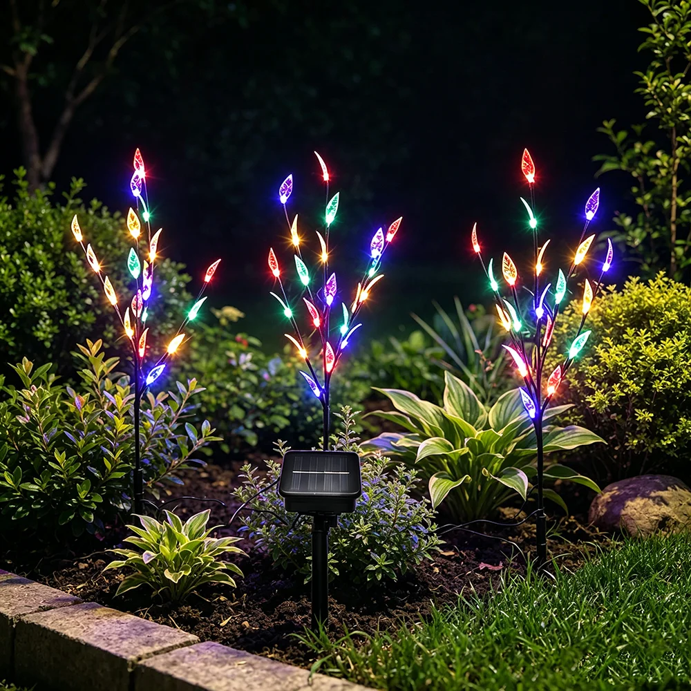 Set of 3 Solar Tree Branch Leaf Stake Lights, Outdoor Garden Solar LED Lights for Home Garden Pathway Lawn Yard Decorations