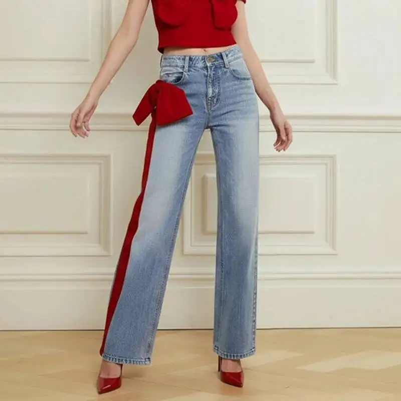 بنطلون جينز نسائي أنيق للخروج خريف وشتاء 2025، تصميم جديد أنيق مزين بفيونكة، بنطلون أزرق عصري للسيدات