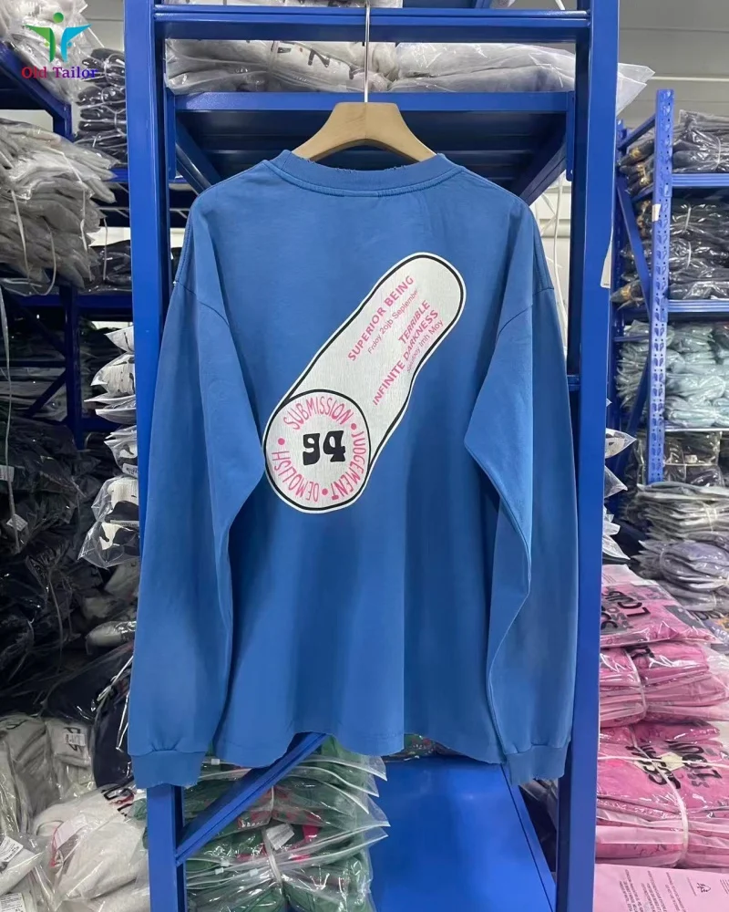 

SAINT Men's & Women's Blue Crew Neck Distressed Long-Sleeved T-Shirt High Street Autumn Loose-Fit Casual TEE