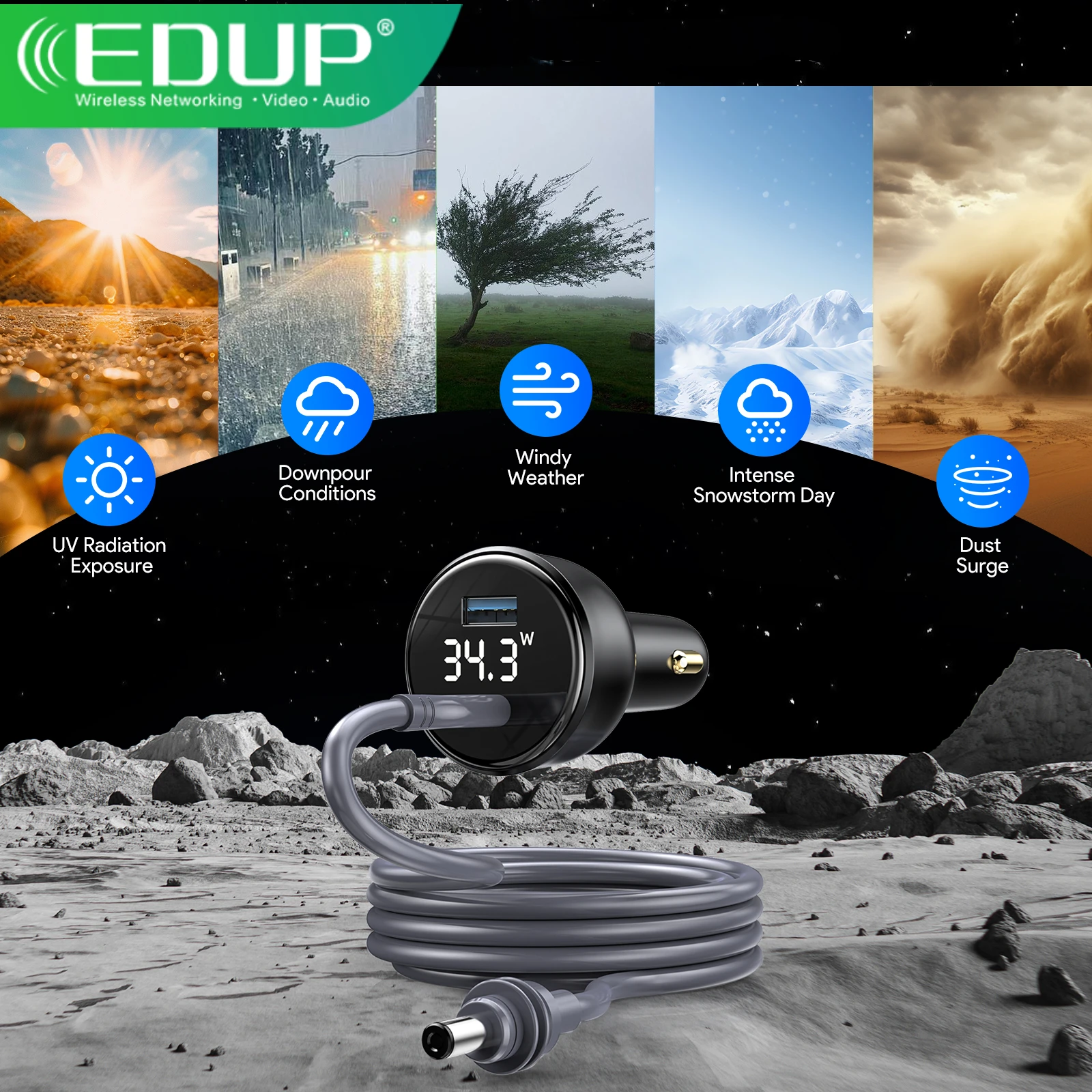 

Автомобильный адаптер EDUP SK0102-5M Starlink Mini 100W 2-в-1 с кабелем Type-C - DC 3M, LED-дисплеем и защитой от перегрузки, кабель для прикуривателя