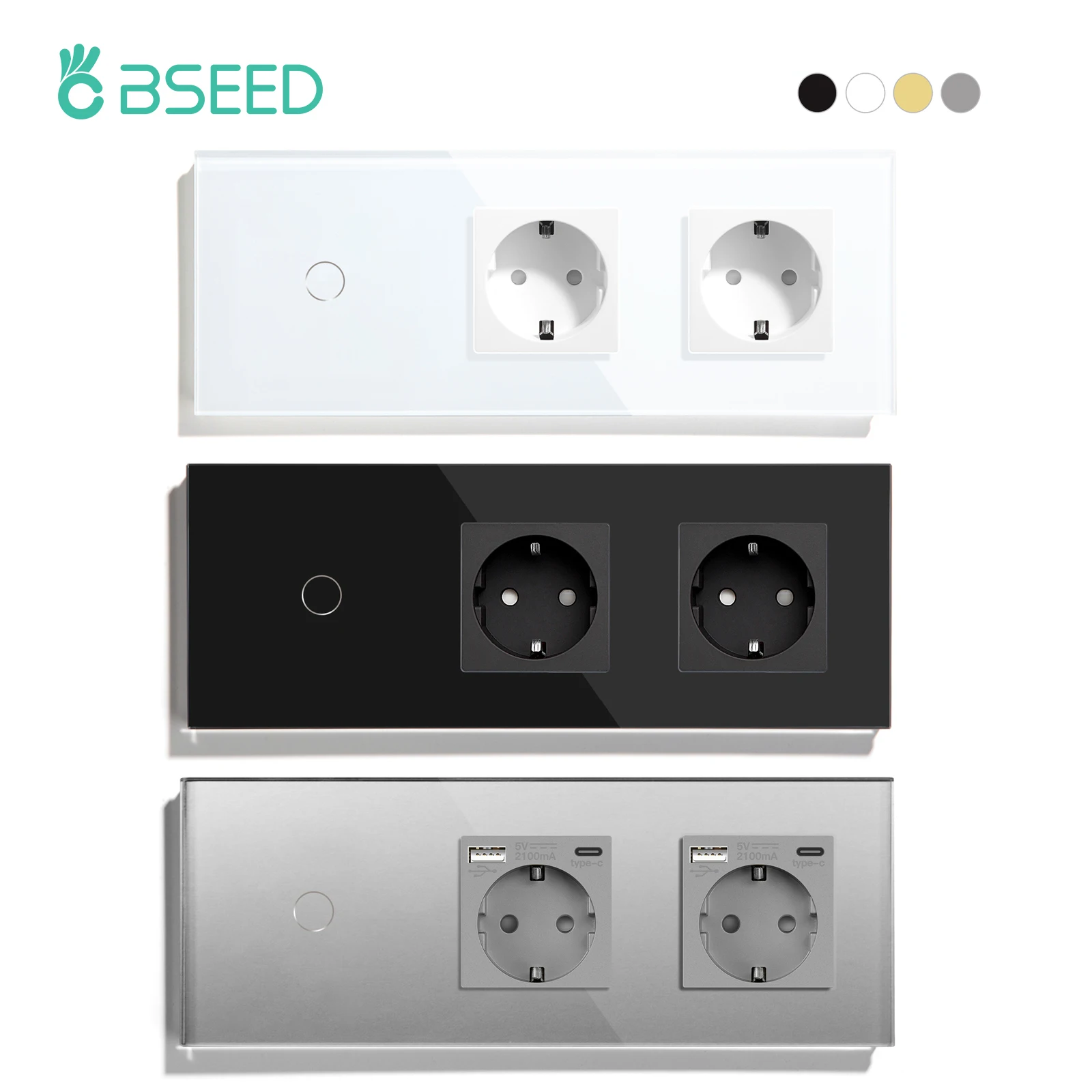 BSEED Touch Sensor Switch 1/2/3Gang 1Way Wall Light Switches Crystal Glass Switch With Double Power Sockets EU Standard