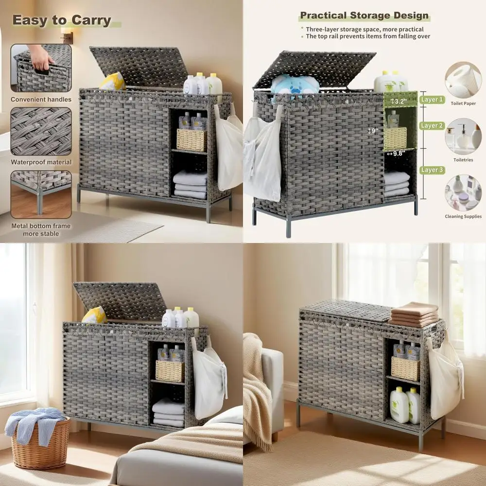 

Rattan 3-Section Laundry Hamper with Lid and 50L Shelf, 130L Capacity, Wicker Sorter Basket, 4 Liner Bags, Natural