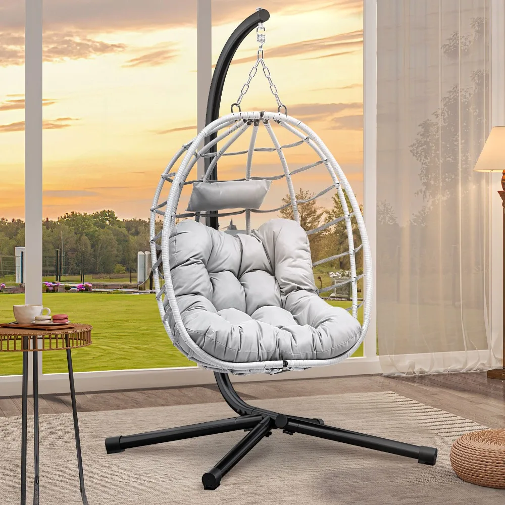 

Egg Chair Swing Hanging Wicker Hammock Patio Chair Outdoor w/Steel Stand+Cushion
