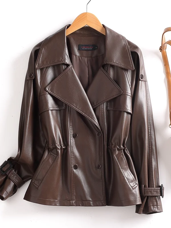 

Кожаное пальто с эффектом похудения, женское осеннее новое поступление, пальто из овчины с застежкой на талии, ветровка