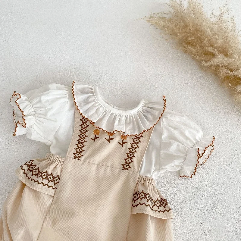 INS Summer Baby Girl Clothes 0-3Years Newborn Princess Sleeveless Back Cross Embroidery Flower Bodysuit Cotton Outfits