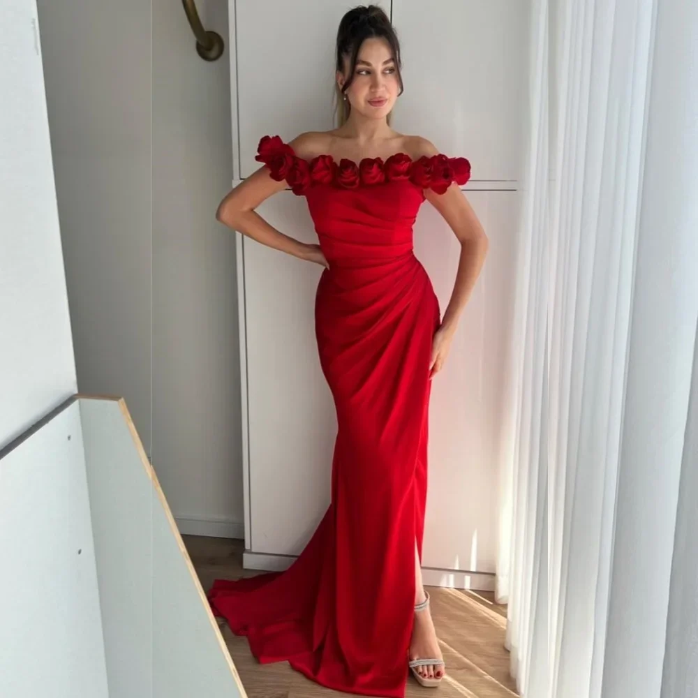 

Customized High Quality Jersey Flower Pleat Mermaid Off-the-shoulder Long Dresses Homecoming Dresses Classic Exquisite Modern St