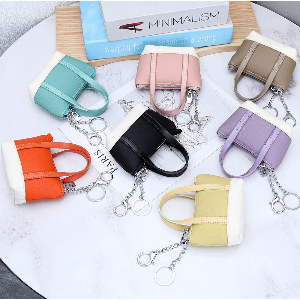 

Новая женская мини-сумка-кошелек из натуральной кожи, кошелек для монет с цветными блоками и брелоком, маленькая кожаная сумка для ключей и помады