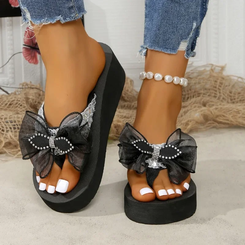 รองเท้าแตะสตรีรองเท้าหญิง 2025 Flip Flops PLUS ขนาดรองเท้าแตะลําลองผู้หญิงรอบ Toe Platform Wedges Bow Tie ผู้หญิงรองเท้าแตะ
