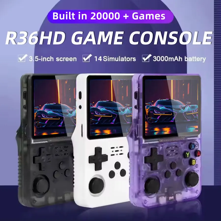 R36HD Pemutar Game Genggam Retro Sistem Linux Layar IPS 3.5 Inci Konsol Video Game Mini Portabel Bawaan 64G 20000 + Game