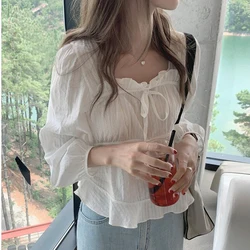 Fashoin New Vintage Loose White Blouse Women Casual Long Sleeve Ruffled Shirt Tops Fashion Square Collar Solid Lady Shirts 11700