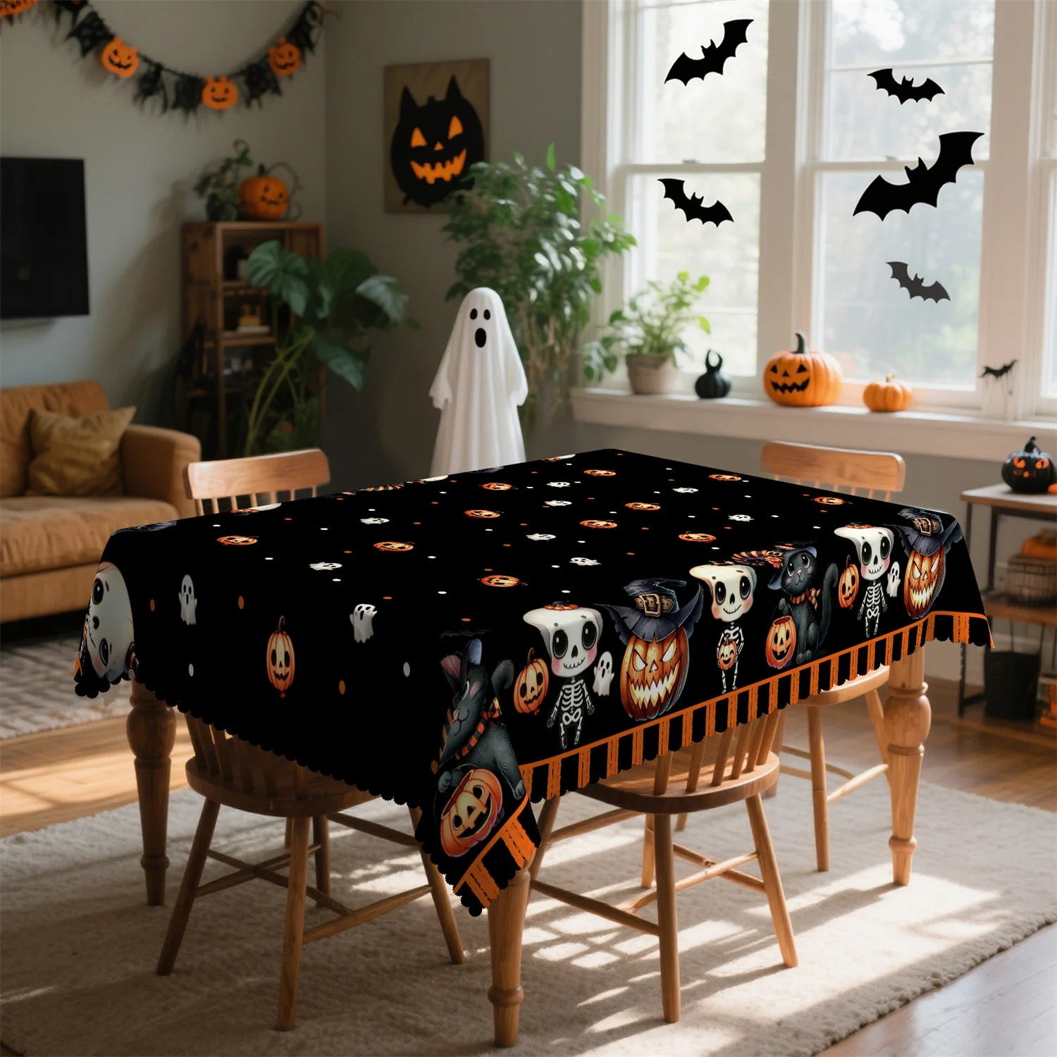 Cartoon cat skull pumpkin ghost flower Halloween tablecloth, 1 pack, suitable for kitchen table, outdoor usezyc