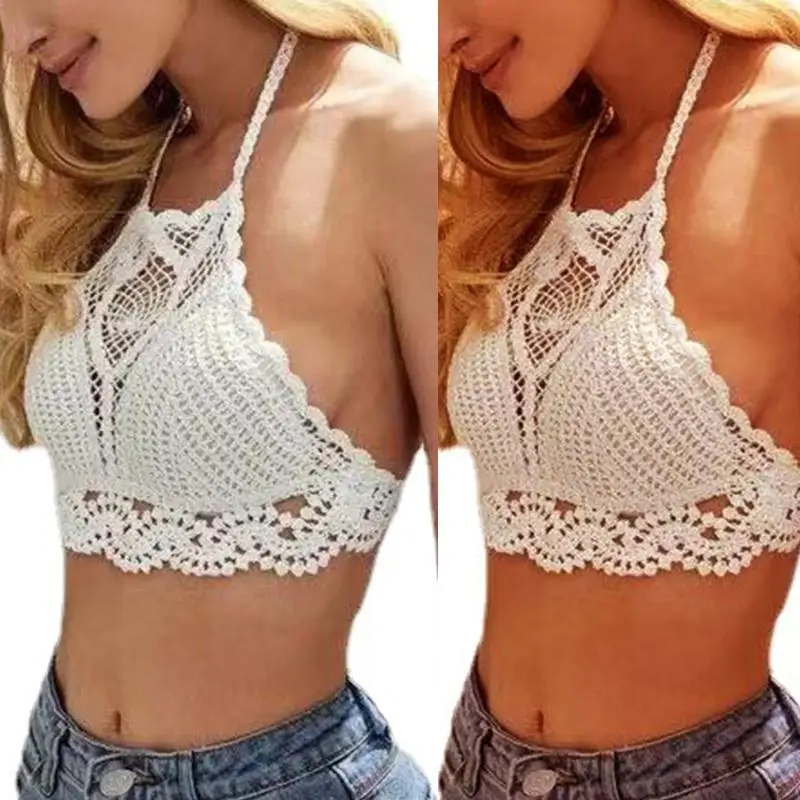 

P88B Women Beach Crochet Floral Bra Hollow Out Knit Mesh Plaid Halter Crop Top Sexy Backless Solid Color Padded