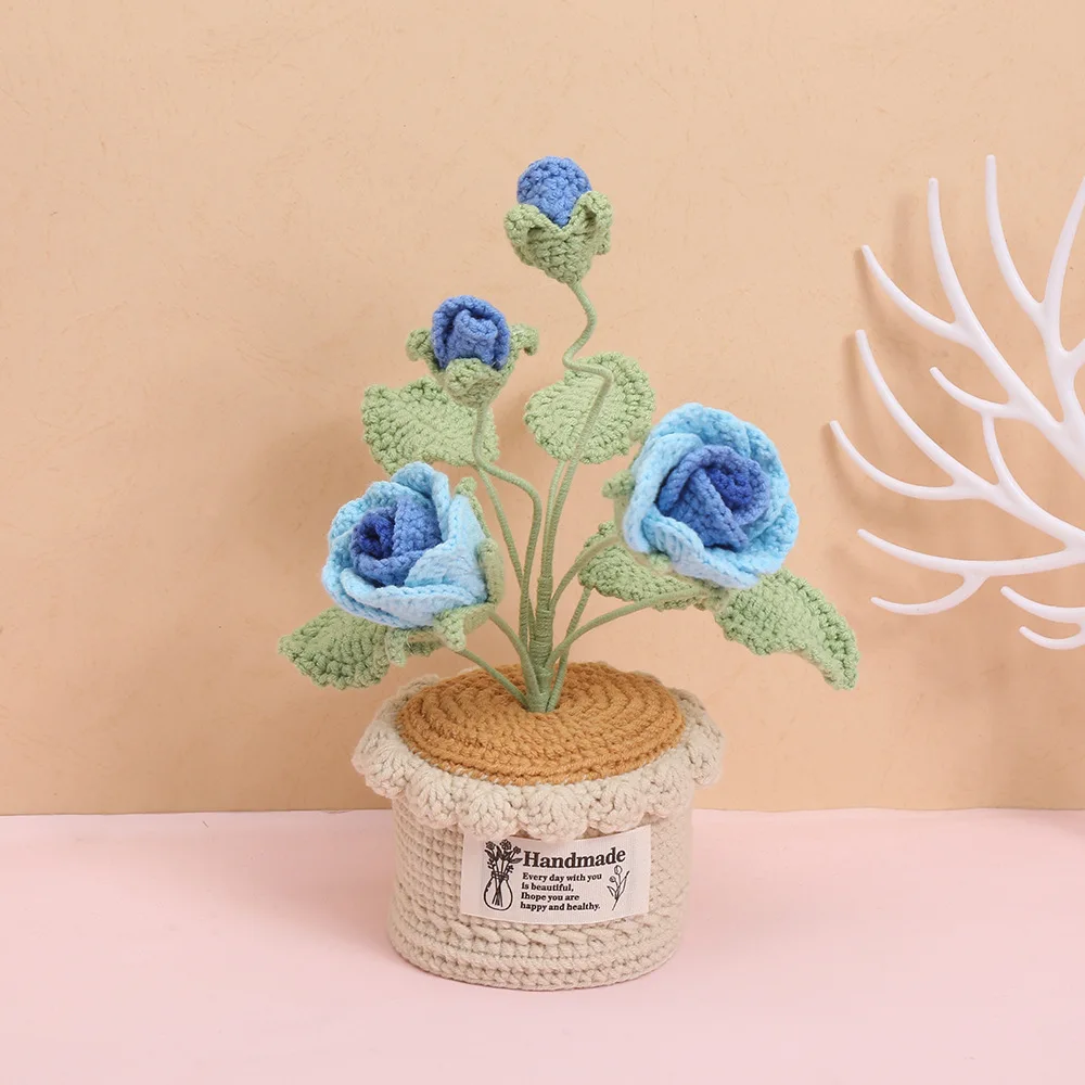 Fertiggestellter handgemachter Rosenblumentopf, kreativer gehäkelter Blumentopf, künstliche Pflanzen, Hochzeitsraumdekoration, Geschenk für Freunde – Detail 5