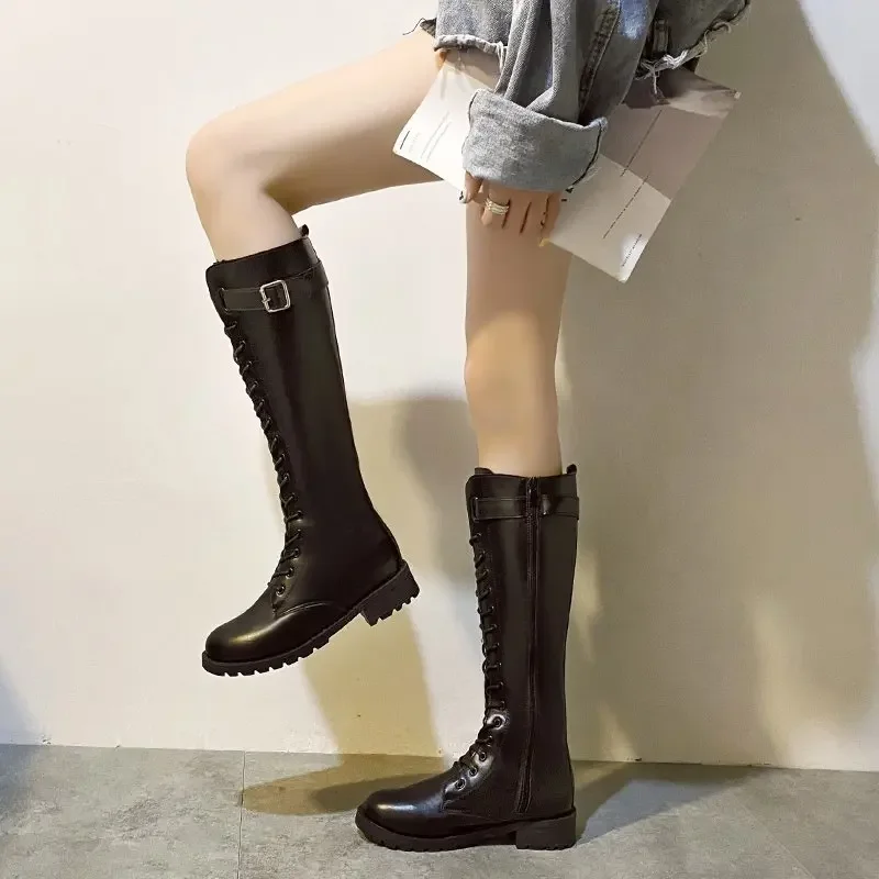 Novo inverno botas da moda dedo do pé redondo meados de salto-cinta botas altas confortáveis antiderrapantes melhorar a personalidade sexy botas mujer