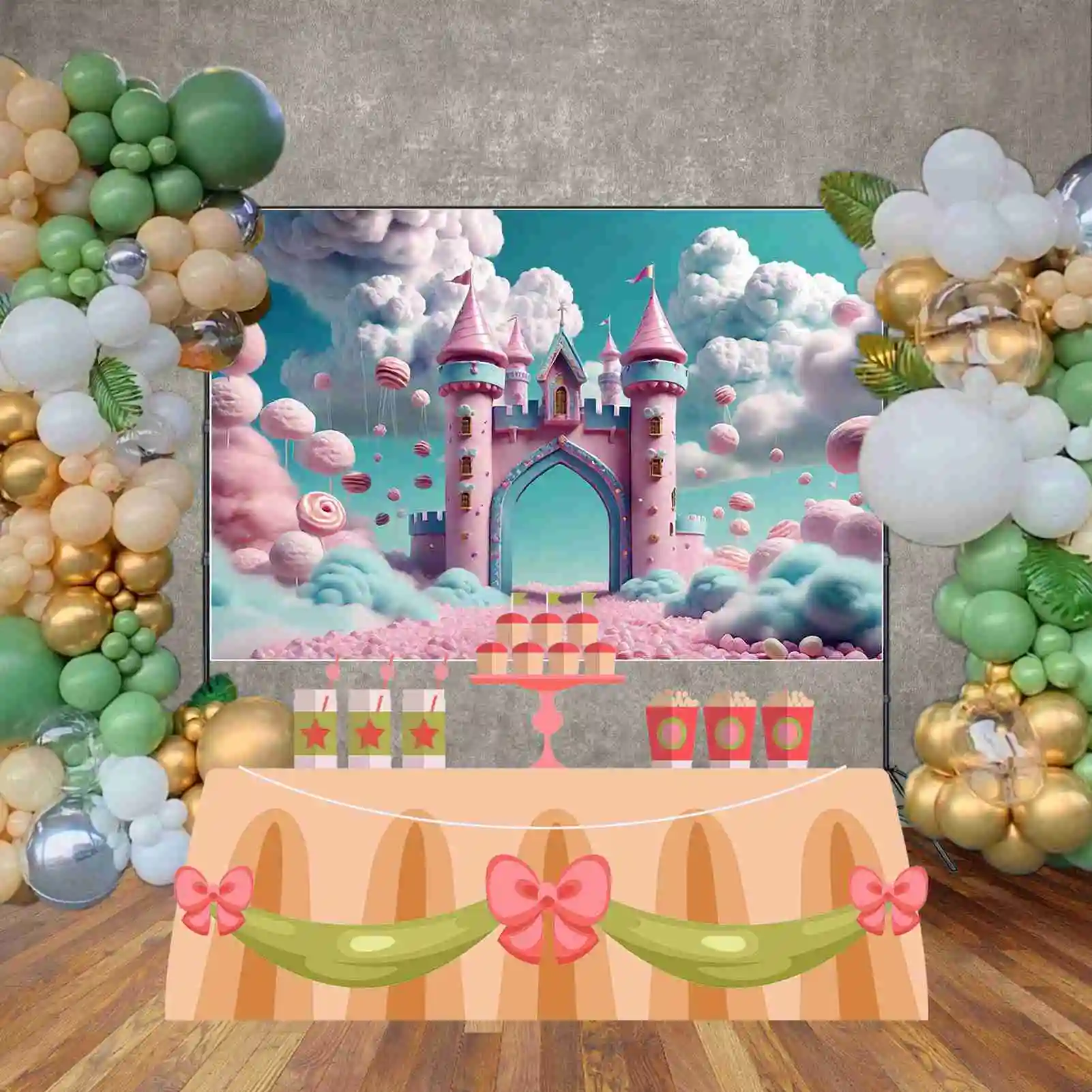 MOON.QG Candyland Arch Castle First Birthday Backdrop Baby Shower Clouds Candy Floss Background Sign Princess Photography Props