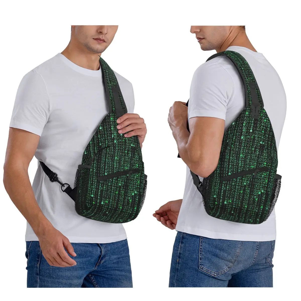 HD Matrix Digital Rain Chest Bag Men Sling Crossbody Backpack Chest Bag Traveling Hiking Daypack Shoulder Bag