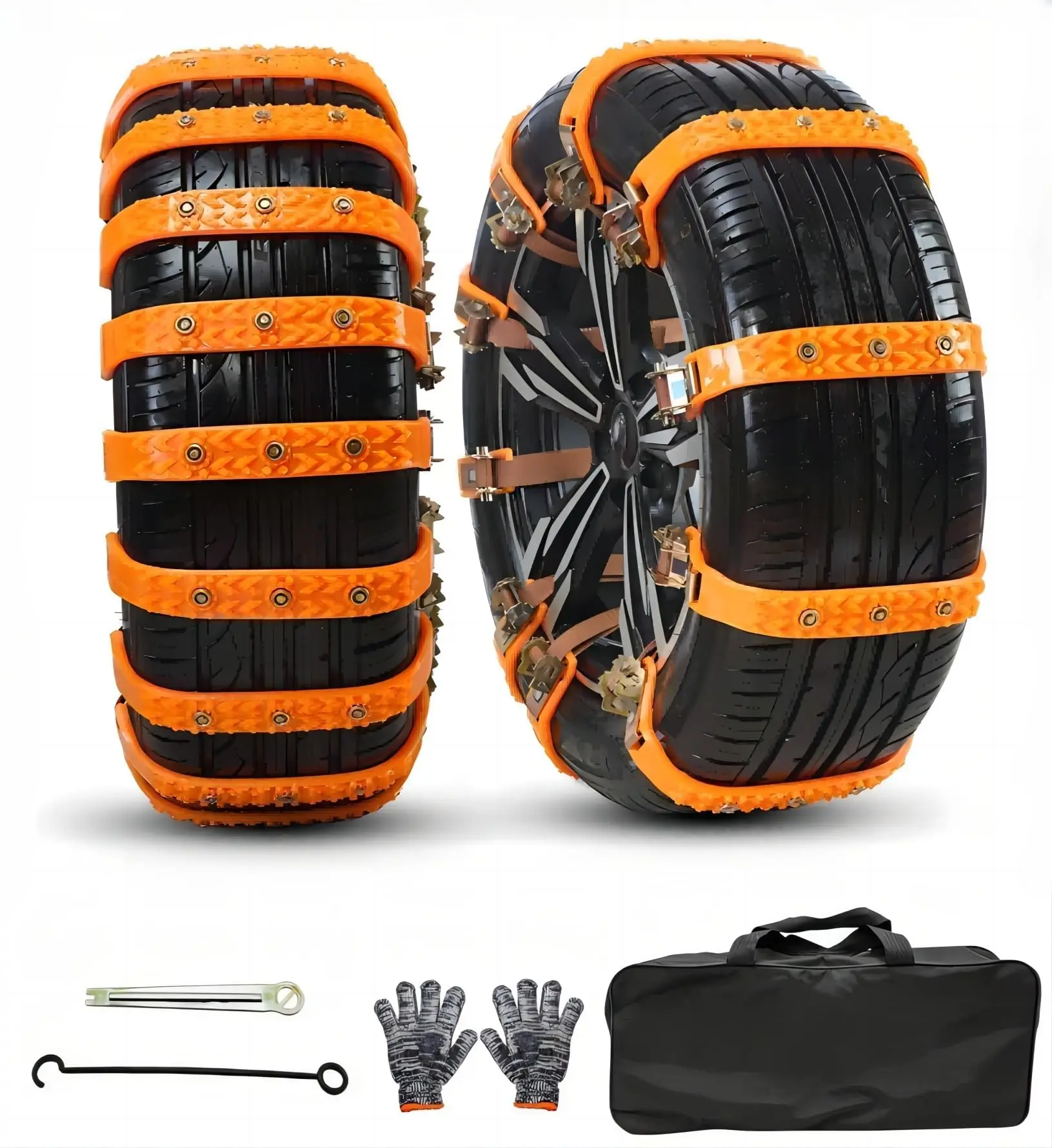 

Orange Universal Snow Chains For Tires 7.2–11.6 Inches, Anti-Slip Traction Straps With Tools And Gloves, Winter Emergency Kit