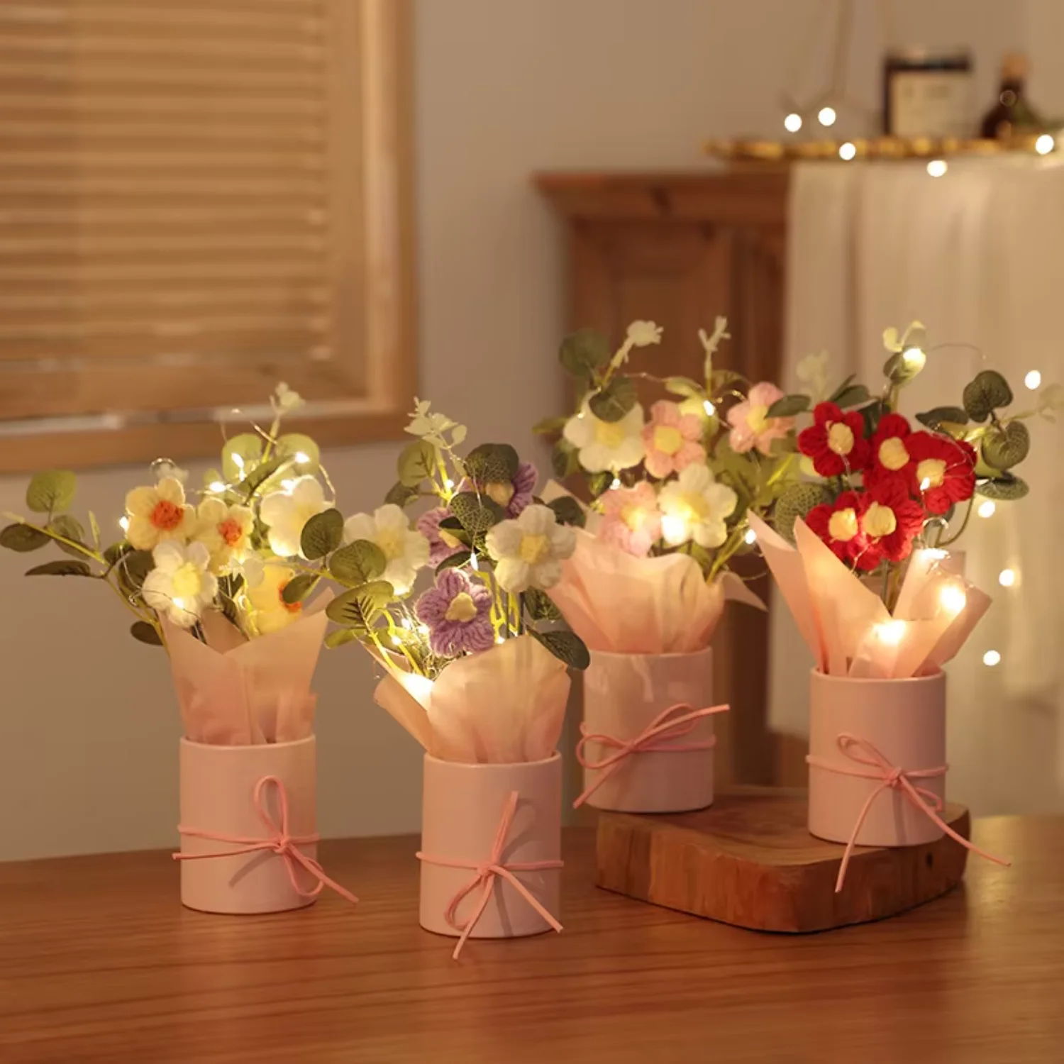 

Artificial Flowers Bouquet - Faux Crochet Knitted Small Preserved Led Bouquet for Mothers Day, Valentines Day, Birthday, Gradu