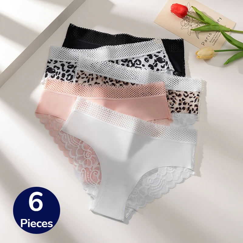 WarmSteps 6-teiliges Set Damen-Slips Modische Blumen-Spitze Weibliche Unterhosen Leoparden-Muster Hohle Taille Sexy Dessous Bequeme Unterwäsche