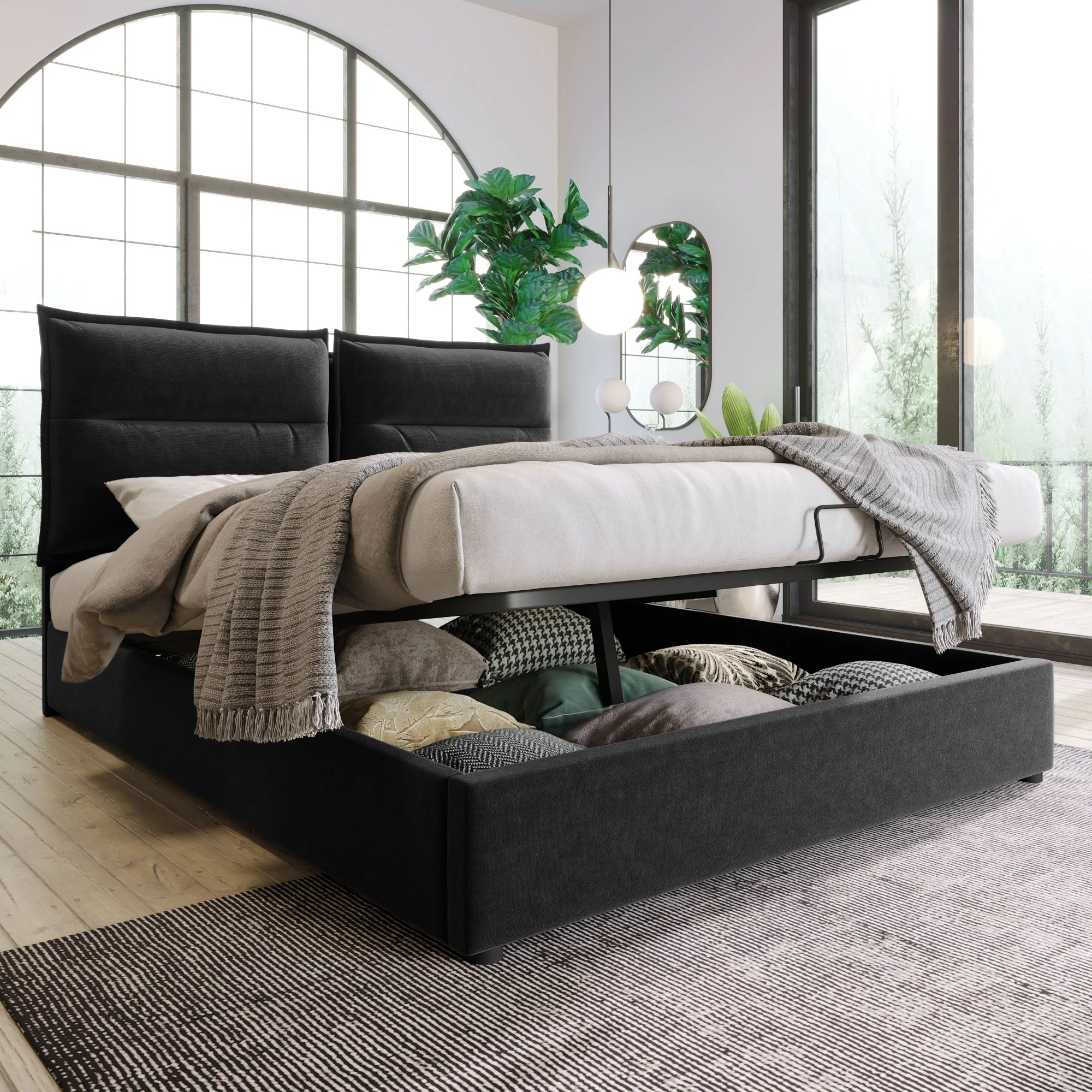 Lit coffre 140x200 cm avec rangement, lit double adulte avec tête de lit réglable et sommier en velours - Noir, sans matelas