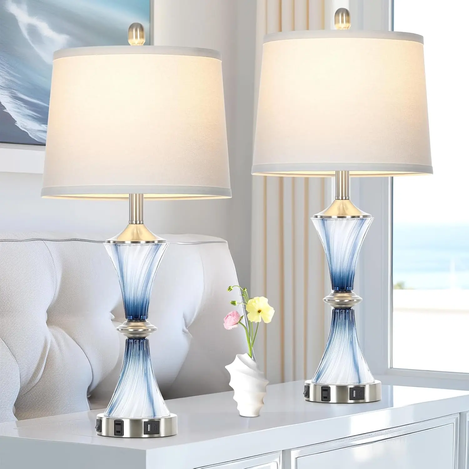 Blue Glass Table Lamp Set of 2 with USB-C & AC Outlet, Modern Bedroom Nightstand Lamp, LED Included