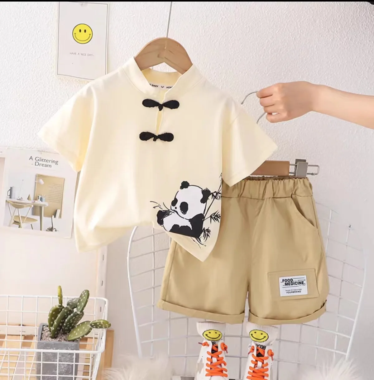 Chinese Style Children's Top And Bottom Clothes Set Kids Boy Panda Print 2Pcs Suit For Boys Clothes Sets Casual Summer Dress Up