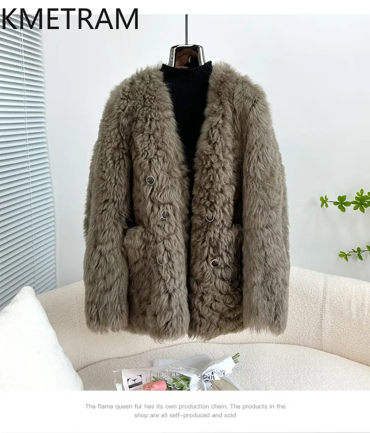 100% Natuurlijke Toscaanse Wol Schapenvacht Dubbelzijdig Bont Jas Vrouw V-hals Korte Echte Bontjas Vrouwen Winter Kleding Fourrure 2025