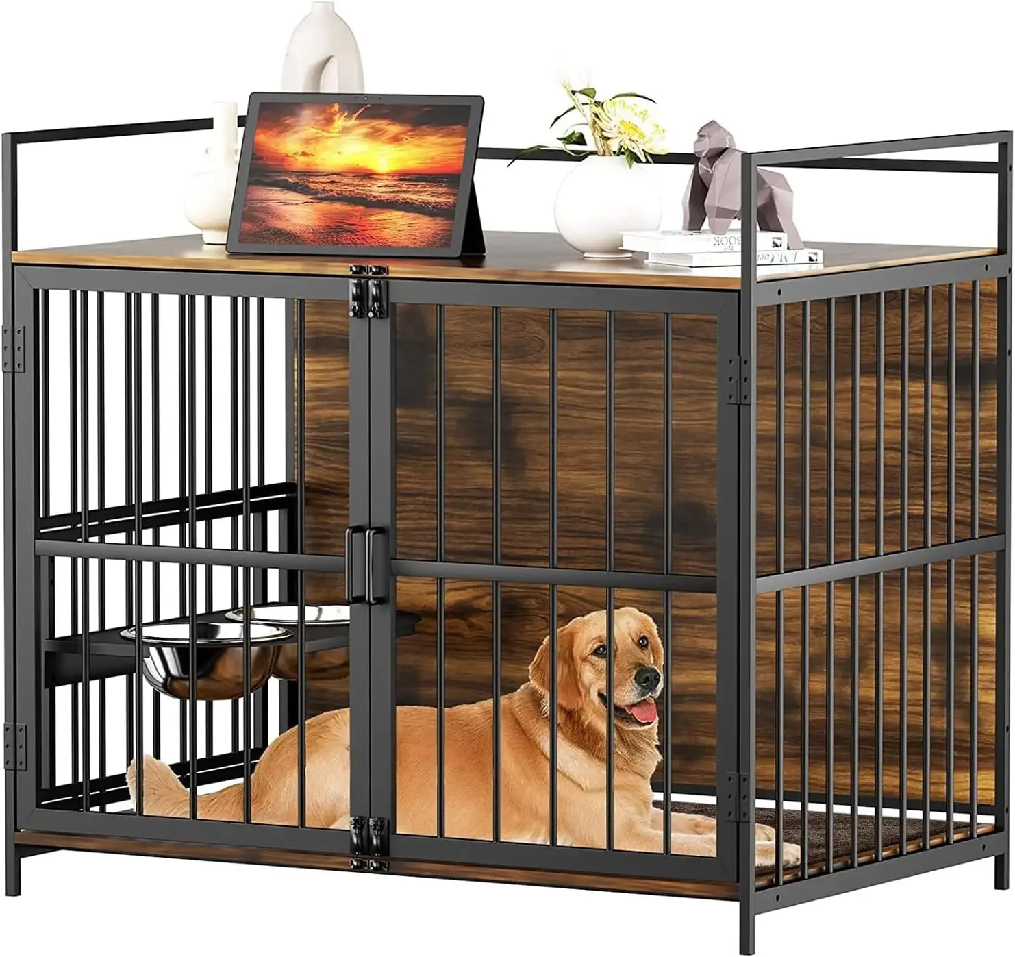 

Furniture Style Large Dog Crate House with 360° & Adjustable Raised Feeder for Dogs 2 Stainless Steel Bowls -End Table House Pad