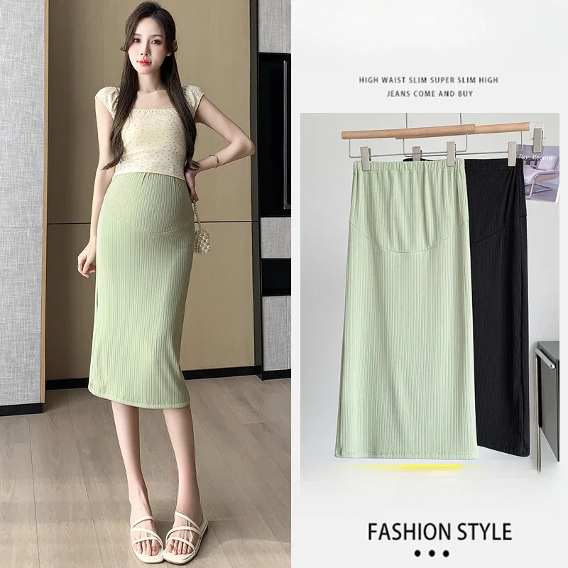 

2024 Summer Maternity Belly Skirt Adjustable Waist Pregnant Woman Ice Silk Long Skirts Slim Hips Stretched Striped Pencil Skirts