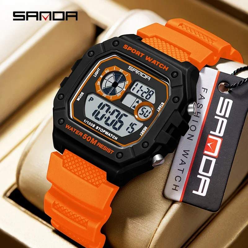 SANDA Fashion Men's Electronic Watch Sports Multifunctional Waterproof LED Luminous Single Display Small Square Electronic Watch