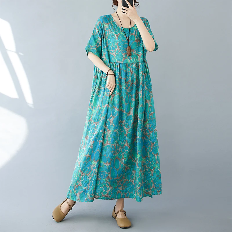 NYFS 2024 Summer New Loose Womens Dresses Vestidos Robe Ete Femme Elbise Cotton Linen Print Short Sleeve Bohemia Long Dress