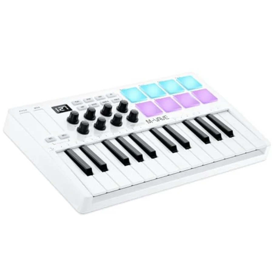 

Music production USB MIDI keyboard controller with 25 semi-weighted dynamic keys, 8 backlit drum pads, 8 knobs, Bluetooth, whit